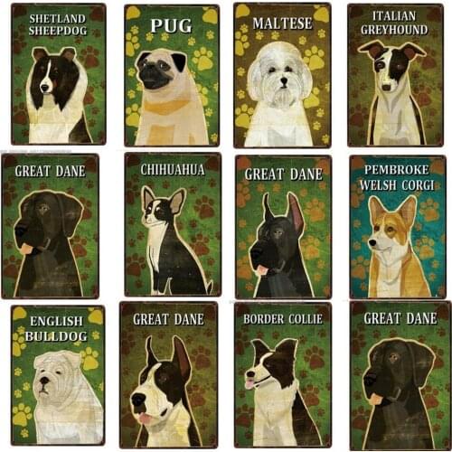 World Pet Dog Breeds Metal Sign Tin Dog Paw Print On Green Background Poster Home Decor For Pet Shop Kids Room Wall Art Painting