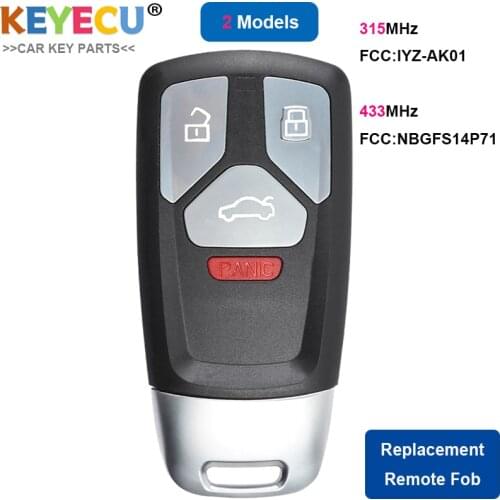 KEYECU Smart Remote Car Key for Audi A4 A5 TT Quattro Q7 SQ5 2017 2018 2019, Fob 4 Button - 315MHz 433MHz - NBGFS14P71/ IYZ-AK01