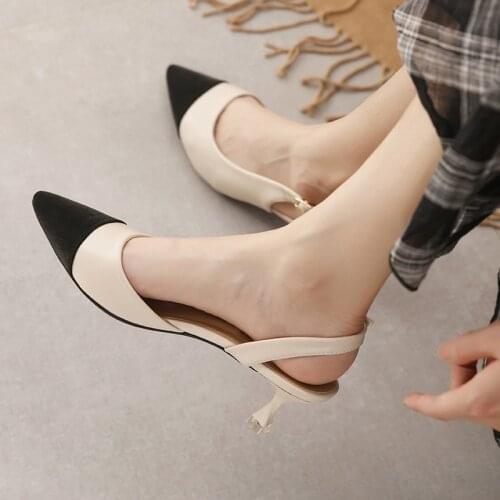 Black/beige patchwork high heels sandals women pointed toe leather back strap sandalias mujer ladies slingback summer shoes 43