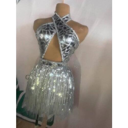 Sexy backless silver sequined tassel jumpsuit theme party stage performance suit bar concert DJ singer/dancer costume