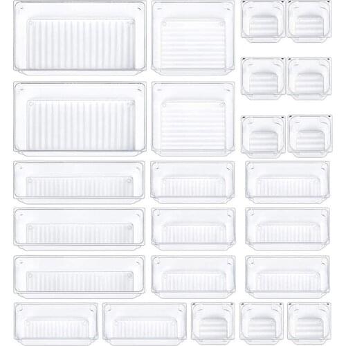SHGO HOT-24 Pcs Drawer Organizer Bathroom Desk Clear Drawer Trays Versatile Drawer Dividers 5 Size Storage Bins for Office