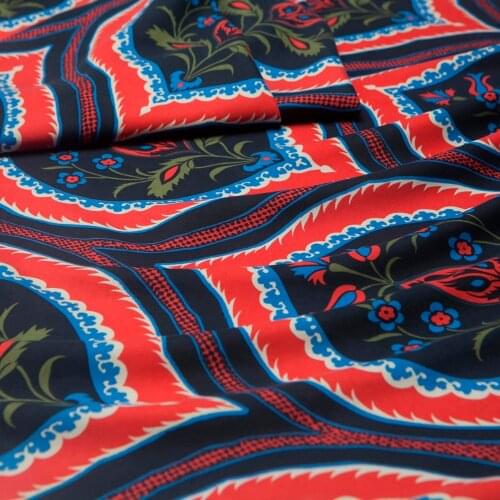 Totem Style: Red and navy paisley floral print silk spun fabric, sewing for shirt, skirt, dress, cheongsam, craft by the yard