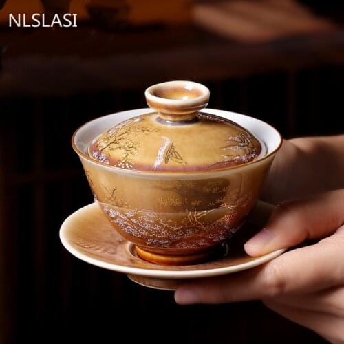 Traditional Kiln Change Ceramic Gaiwan Teacup Handmade Tea Bowl Chinese Teaware Accessories Drinkware Portable Personal Cup