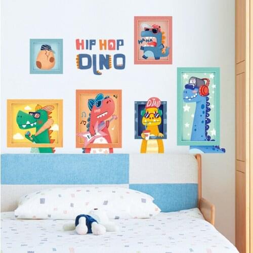 Hip Hop Dinosaur Wall Stickers Kids Boy Room Decor Art Posters Wall Decal Cartoon Kindergarten Wallpaper Self-adhesive