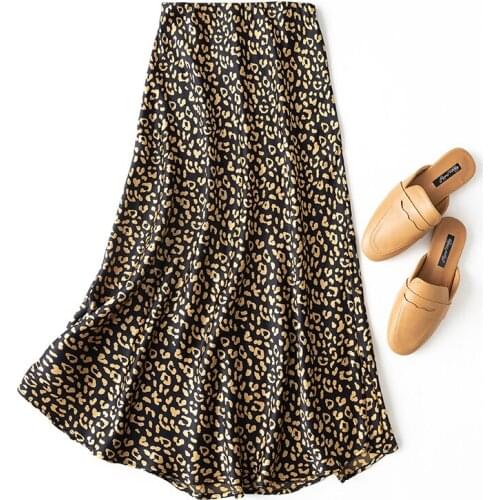 Womens 100% Mulberry Silk Satin Silk Black Leopards Printed Fishtail Midi Pencil Long Skirt M162
