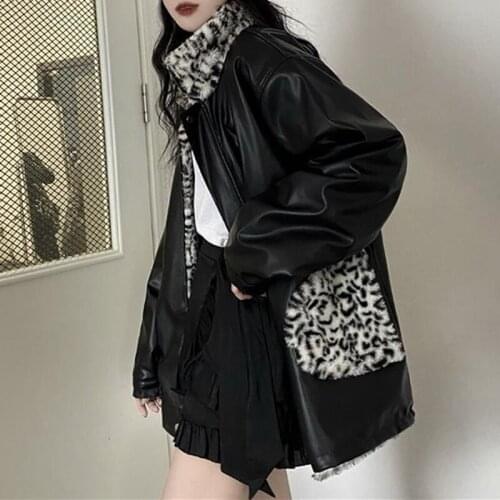 Women Faux Leather Jacket PU Leather Coat Women Winter Motorcycle Clothing Leopard Print Cotton-Padded Jacket Veste Femme