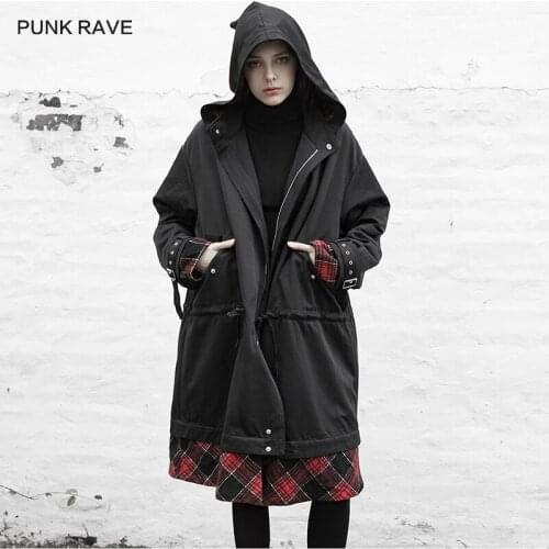 PUNK RAVE Womens Punk Lattice Stitching Long Jacket Gothic Women Personality Thick Warm Stylish Trench Large Coat Winter