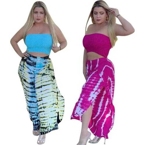 Plus Size Womens Two-Piece Suit Sexy Seeveless Wrapped Chest Print Fashion Long Dress Suit Beach Casual Fat MM Two-Piece Suit