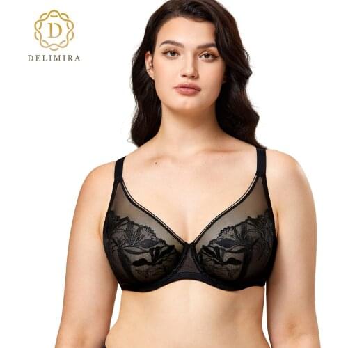 Womens Sexy Sheer Floral Lace Bra Plus Size Unlined Underwire Full Coverage Lightweight