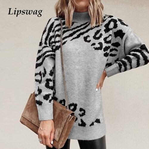 Fashion Womens Turtleneck Jumpers Elegant Autumn Winter Long Sleeve Knitted Sweater Casual Loose Leopard Printed Sweaters Female