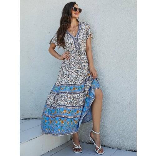 Happie Queens women floral print short sleeve beach loose button tassel Bohemian maxi dress Ladies v-neck Boho sundress vestidos