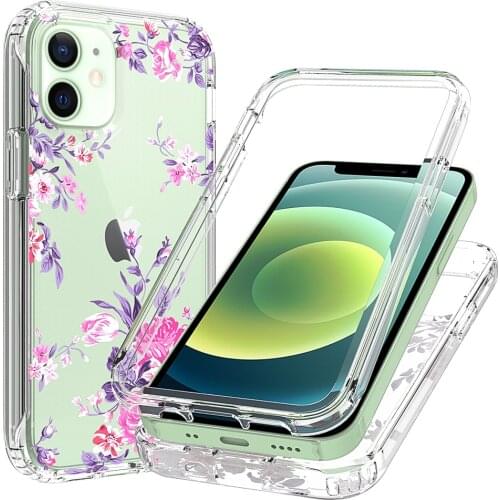 2 in 1 Luxury Clear Flower Case for iPhone 12 Mini iPhone12 Mini 5.4 inches Hard PC + Soft TPU Full Protective Phone Back Cover