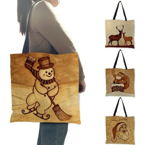 2020 Christmas New Large Shopping Tote Handbags Retro Vintage Snowman Santa Claus Print Womens Shoulder Bag B13109