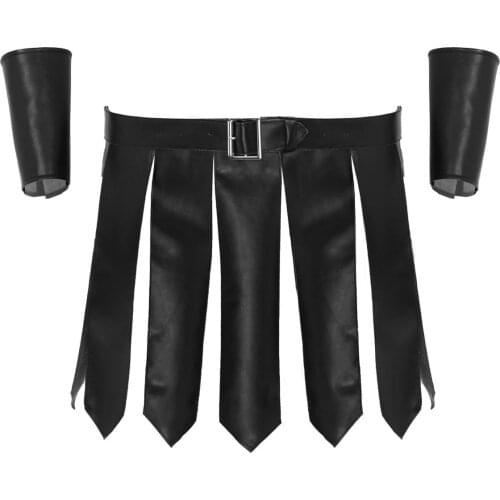 3Pcs Mens Roman Gladiator Cosplay Costume Set PU LeatherPanels Design Gladiator Kilt Underwear Skirts with Belt and Wristbands