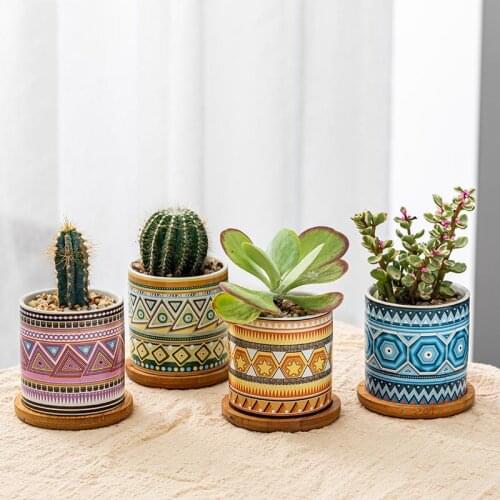 4pc/Set Desktop Vase Nordic Style Ceramic Succulent Flower Pot Ucculent Planter Plant Cylindrical Shape Flowerpot With Hole Tray