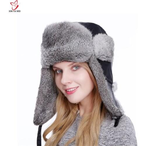 Free Shipping Russian leather bomber leather hat women winter hats with earmuffs trapper earflap cap women real rabbit fur hats