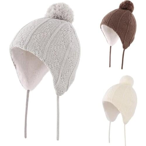 Connectyle New Fashion Boys Girls Thick Warm Winter Hat Soft Fleece Lined Knitted Kids Hat Earflap Hat With Pom-Pom