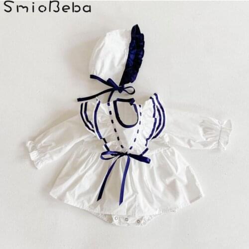 Girl Baby Romper With Free Hats 100 Day Birthday Color Contrast Flying Sleeve Long Sleeve Hatchback Skirt Triangle Romper 0-24M