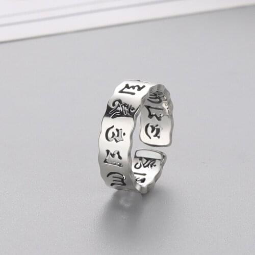 European American Retro Six-character Mantra Heart Sutra Letter G Sterling Silver Men and Women Couple Rings