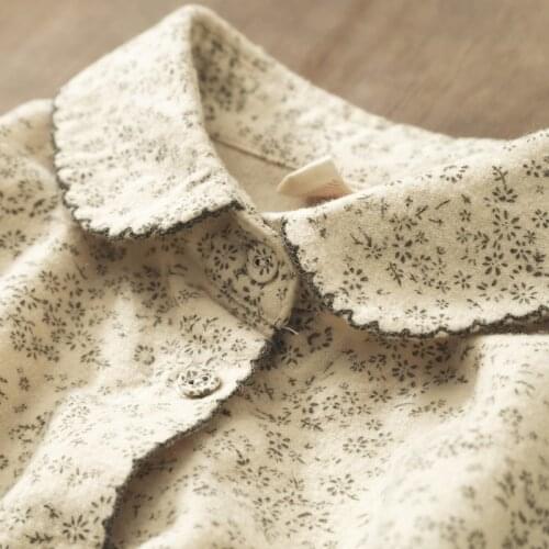 Lamtrip Little Black Flowers Print Retro Peter Pan Collar Single Breasted Cotton Long Sleeve Shirt Blouse Mori Girl