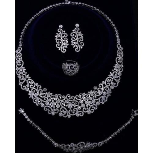 Luxury 4pcs jewelry set for wedding party Necklace Earrings Bracelet ring CZ crystal beautiful flower big jewelry sets