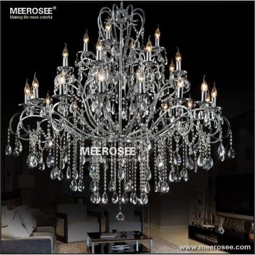 Wrought Iron Chandelier Lighting Large 28 Arms Chrome Lustre De Sala Crystal Hanging Lamp For Foyer Villa Crystal Light Fixture