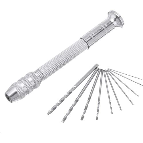 11Pcs/Set Silver Micro Drill Chuck Clamping Range 0.8-3.0mm 1Pcs Hand Drill Tool+10Pcs Twist Drill Bit For Wood/Plastic/Rubber