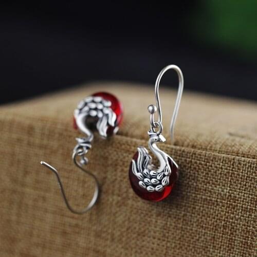 2018 Rushed New Brinco Product 925 Sterling Earrings National Wind Ms Peacock Corundum Eardrop Frosted Manual Craft Products