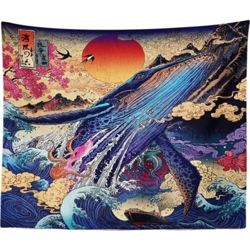 3D Wall Tapestry Great Japanese Sea Ocean Wave Whale Sunset Wall Hanging Blanket Home Living Room Decor