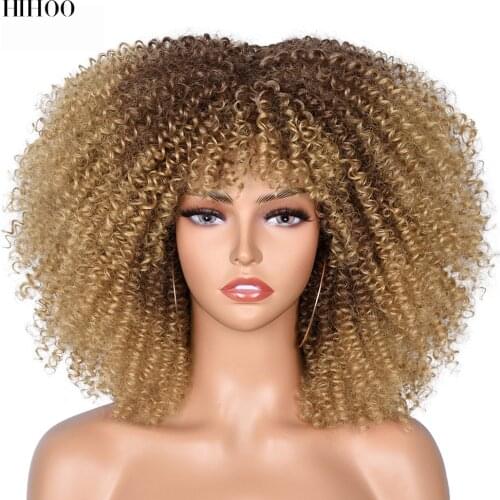 14'' Short Hair Afro Kinky Curly Wigs With Bangs For Black Women African Synthetic Cosplay Wigs High Temperature Natural Daily