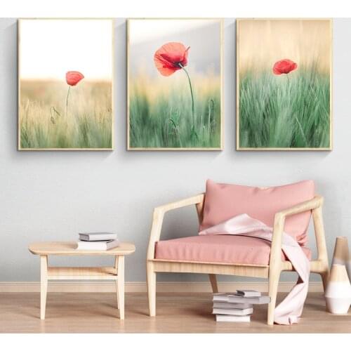 Grassland Blooming Red Flowers Natural Landscape poster Wall Art Canvas Print Scandinavia Picture Home Decor Nordic Art Painting