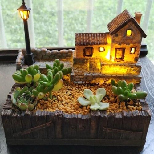 Resin Flower Pot with Lamp for Succulents Plants Creative Planter for Small Bonsai Micro- Landscape Garden Decoration-B