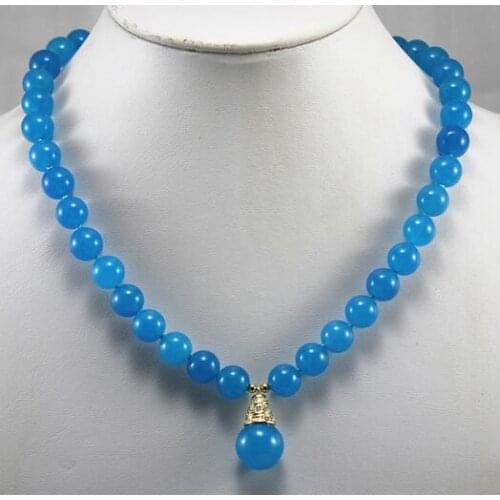 Simple design 8mm blue Jade necklace match 14mm pendant necklace