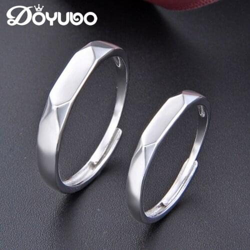 DOYUBO Free Size Silver Smooth Rhombus Shape Lovers Rings Jewelry Engraved Logo Sterling Silver Wedding Ring Accessories VB405