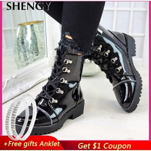 SHENGY Women Motorcycle Boots Autumn Fashion Patent Leather Round Toe Lace-up Combat Shoes Ladies Snow Office Boots