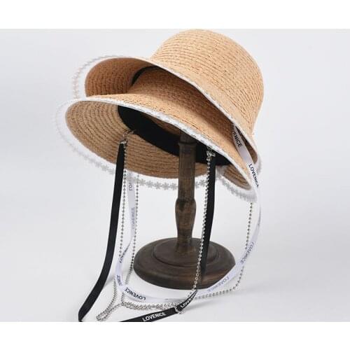 New Summer Natural Raffia Straw Sun Hat Women Sweet Lace Edge Wide Brim Beach Hat Chain Decorated Sunshade Cap Handmade Chapeu