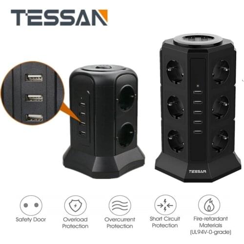 TESSAN EU Power Strip Tower with 5 USB Ports + 12 Sockets 2M/6.5ft Extension Cord Overload protector For Switch EU plug