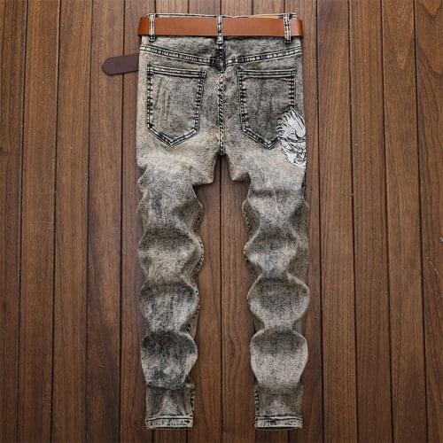 Vintage Mens Hole Ripped Straight Slim Fit Jeans Embroidery Patchwork Biker Pants Casual Streetwear Retro Cowboy Denim Pants 38