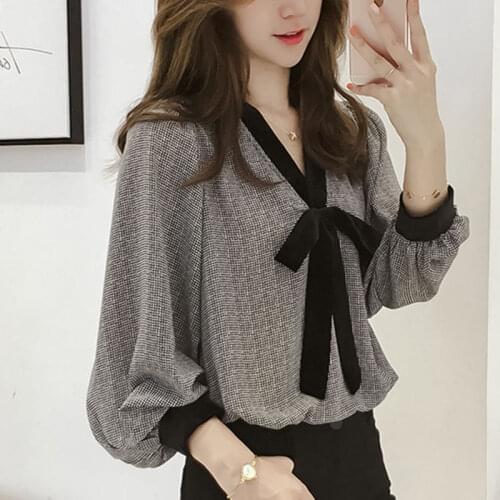 Women Casual Chiffon Blouses Shirts Lady Spring Summer Long Sleeve V-Neck Bow Tie Plaid Blusas Tops DF2283