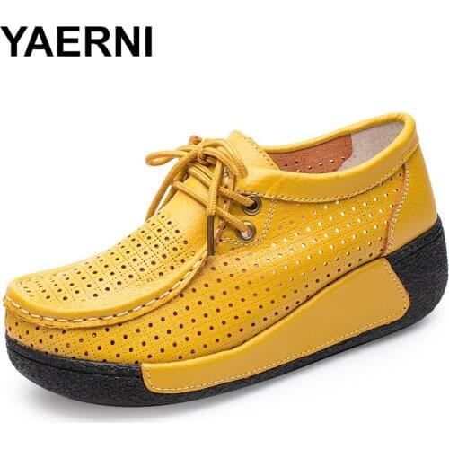 YAERNI 2018 Spring Women Genuine Leather Shoes Women Platform Sneakers Cutouts Summer Lace Up Moccasins Shoes Woman WSH2732