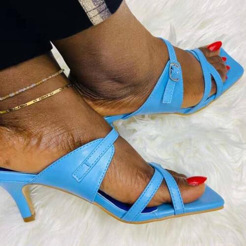 2021 Women Buckle Cross Tied Slippers Woman Square Toe Solid Shoes Female Mid Heels Footwear Ladies Summer Fashion Plus Size