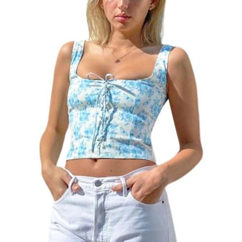 Womens Square Neck Tank Tops, Sexy Sleeveless Cross Tie Up Floral Print Crop Tops