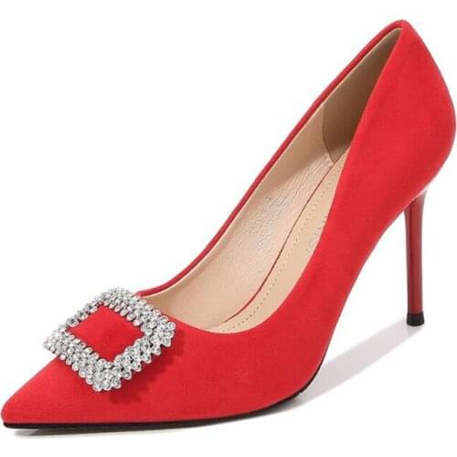 MAIERNISI New Women Pumps Sexy Rhinestone Square Buckle Design High Heels For Women Office Dress Party Shoes Large Size 44 45 46