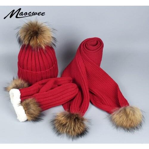 Woman Knitted Scarf and Hat Gloves Set Luxury Winter Warm Crochet Hats and Scarves With Real Fur Pom Beanie Hat for Woman