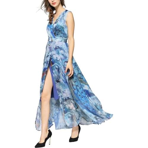 2019 womens V-neck sleeveless printed beach dress long Dress 3286 elegant dress plus size party dress