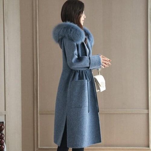 Top Quality Woolen Coat Female Autumn Winter Fur Collar Hooded Long Jacket Casual Zipper Warm Outerwear Blue/Gray Abrigo Mujer
