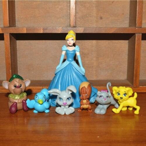 1Set/7PCS 2-8CM Disney Cinderella, Princess Sandy and childrens animal set doll model childrens gift