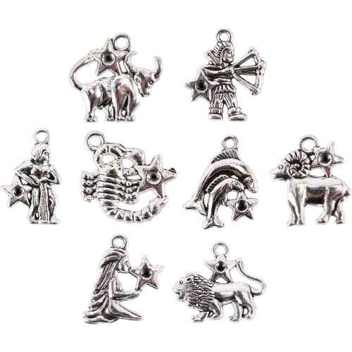 12Pcs/set Mixed Zodiac European Alloy Charm Pendant Dangle Beads For Jewelry Making Accessories