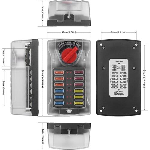 12-Way LED Blade with ATC Fuse Box with Negative Bus Bar Waterproof Car Automotive Marine 12V 100A Confuence Line