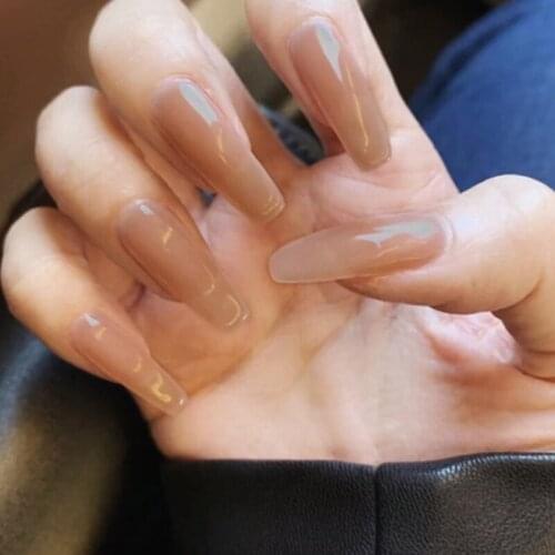 24pcs/box Fake Nails With Glue Long Style Milks Tea Wearing Nail Stickers Finished Artificial Nails Coffin Press On For Girls DL